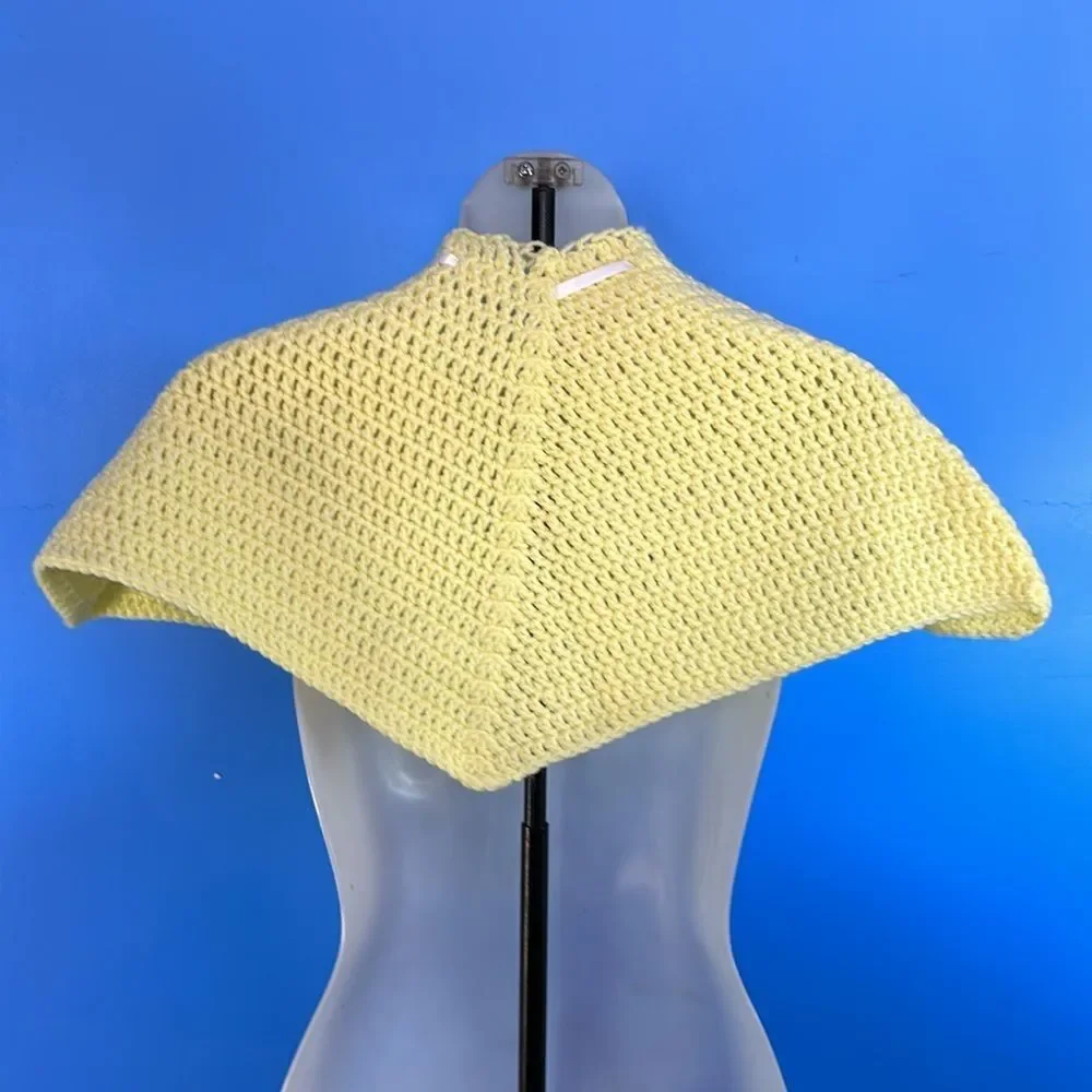 Hand Crocheted Yellow Ribbon Poncho with Drawstring Boho Style